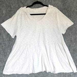 Lush White Cotton Peplum Flowy Top Hooded Short Sleeve Boho Casual Large